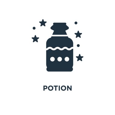 İksir simgesi. Siyah vektör çizim dolu. Beyaz arka plan iksir sembolü. Web ve mobil kullanılabilir.