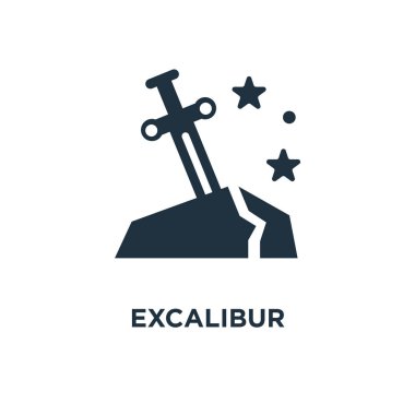 Excalibur simgesi. Siyah vektör çizim dolu. Beyaz arka plan Excalibur sembolü. Web ve mobil kullanılabilir.