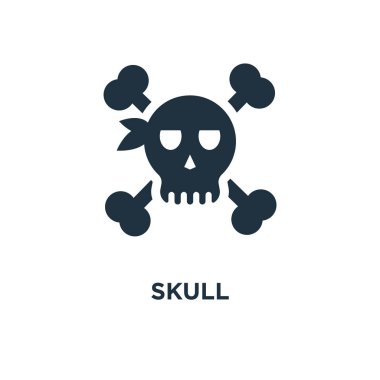 Kafatası simgesi. Siyah vektör çizim dolu. Beyaz arka plan kafatası sembolü. Web ve mobil kullanılabilir.