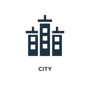 Şehir simgesi. Siyah vektör çizim dolu. Beyaz arka plan şehir sembolü. Web ve mobil kullanılabilir.