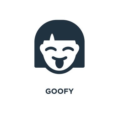 Goofy simgesi. Siyah vektör çizim dolu. Beyaz arka plan Goofy sembolü. Web ve mobil kullanılabilir.