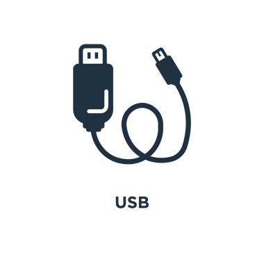 USB simge. Siyah vektör çizim dolu. Beyaz arka plan üzerinde USB sembolü. Web ve mobil kullanılabilir.