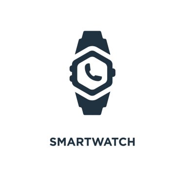 SmartWatch simgesi. Siyah vektör çizim dolu. Beyaz arka plan SmartWatch sembolü. Web ve mobil kullanılabilir.
