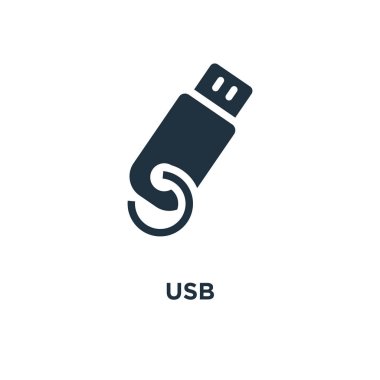 USB simge. Siyah vektör çizim dolu. Beyaz arka plan üzerinde USB sembolü. Web ve mobil kullanılabilir.