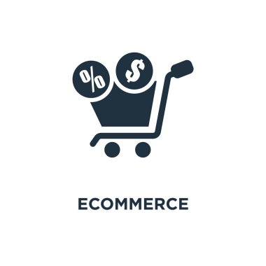 E-ticaret simgesi. Siyah vektör çizim dolu. E-ticaret sembolü beyaz arka plan üzerinde. Web ve mobil kullanılabilir.