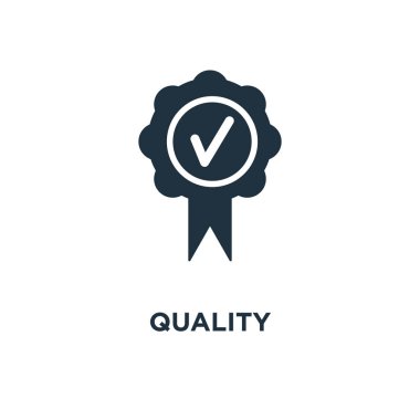 Kalite simgesi. Siyah vektör çizim dolu. Beyaz arka plan kalite sembolü. Web ve mobil kullanılabilir.