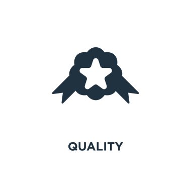 Kalite simgesi. Siyah vektör çizim dolu. Beyaz arka plan kalite sembolü. Web ve mobil kullanılabilir.