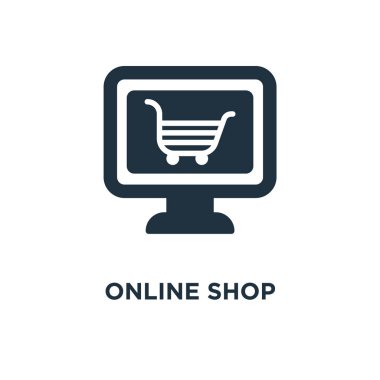 Online alışveriş simgesi. Siyah vektör çizim dolu. Beyaz arka plan online alışveriş sembolü. Web ve mobil kullanılabilir.