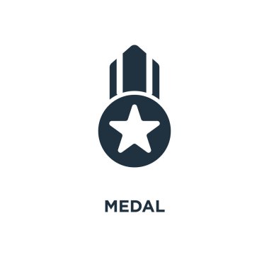 Madalya simgesi. Siyah vektör çizim dolu. Beyaz arka plan üzerinde madalya sembolü. Web ve mobil kullanılabilir.