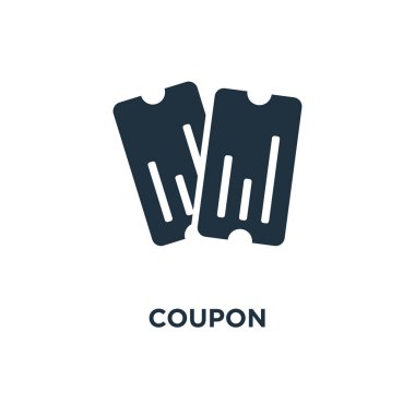 Kupon simgesi. Siyah vektör çizim dolu. Beyaz arka plan kupon sembolü. Web ve mobil kullanılabilir.