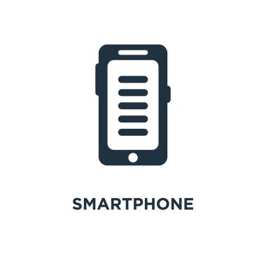 Akıllı telefon simgesi. Siyah vektör çizim dolu. Beyaz arka plan Smartphone sembolü. Web ve mobil kullanılabilir.