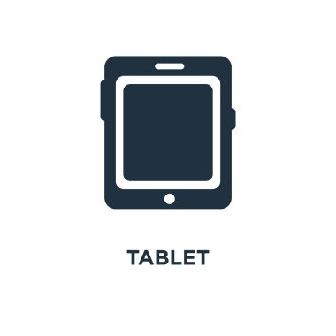 Tablet simgesi. Siyah vektör çizim dolu. Beyaz arka plan tablet sembolü. Web ve mobil kullanılabilir.