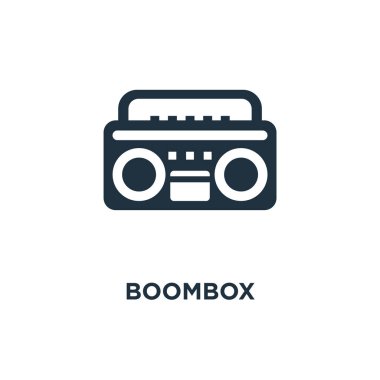Boombox simgesi. Siyah vektör çizim dolu. Beyaz arka plan Boombox sembolü. Web ve mobil kullanılabilir.