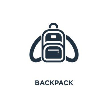 Sırt çantası simgesi. Siyah vektör çizim dolu. Beyaz arka plan sırt çantası sembolü. Web ve mobil kullanılabilir.