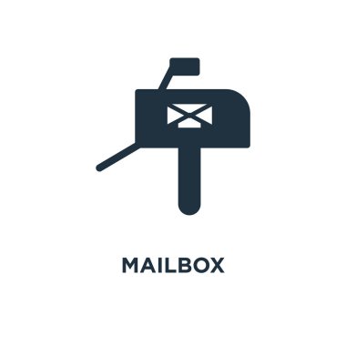Posta kutusu simgesi. Siyah vektör çizim dolu. Beyaz arka plan üzerinde posta kutusu sembolü. Web ve mobil kullanılabilir.