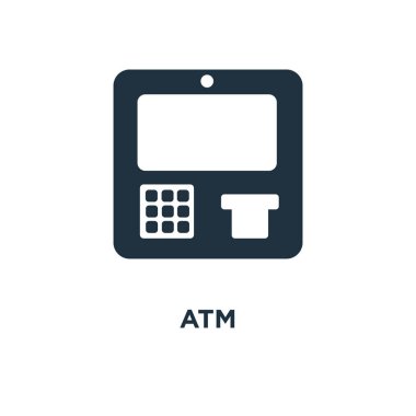 ATM simgesi. Siyah vektör çizim dolu. Beyaz arka plan ATM sembolü. Web ve mobil kullanılabilir.