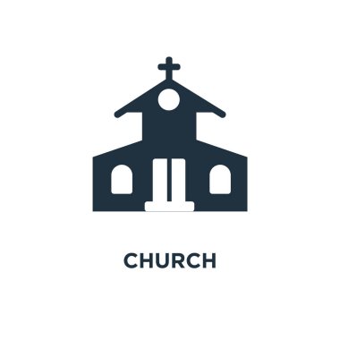 Kilise kutsal kişilerin resmi. Siyah vektör çizim dolu. Beyaz arka planlı kilise sembolü. Web ve mobil kullanılabilir.
