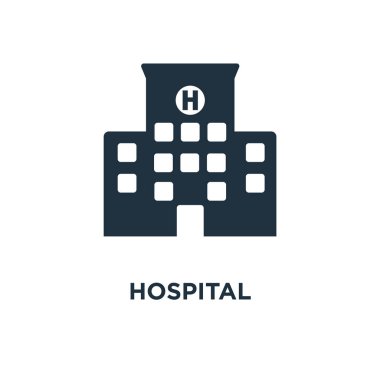 Hastane simgesi. Siyah vektör çizim dolu. Beyaz arka plan hastane sembolü. Web ve mobil kullanılabilir.