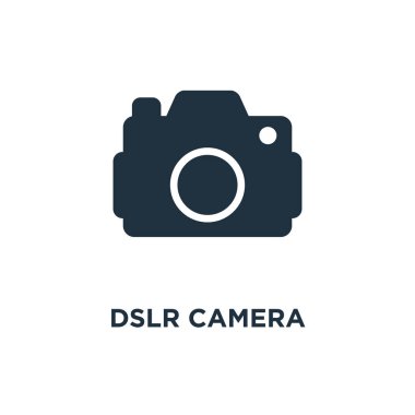 DSLR kamera simgesi. Siyah vektör çizim dolu. Beyaz arka plan dijital SLR fotoğraf makinesi sembolü. Web ve mobil kullanılabilir.