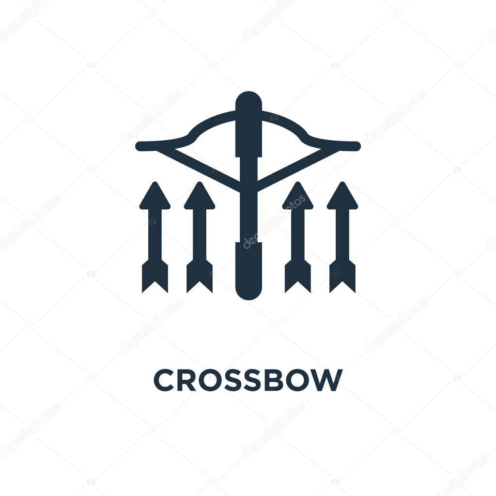 Crossbow icon. Black filled vector illustration. Crossbow symbol on white background. Can be used in web and mobile.