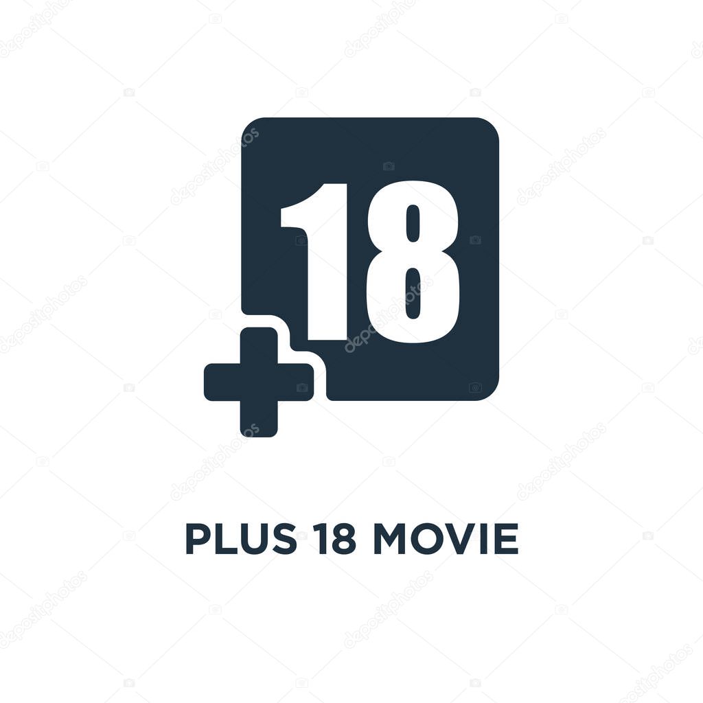 Plus 18 Movie icon. Black filled vector illustration. Plus 18 Movie symbol on white background. Can be used in web and mobile.