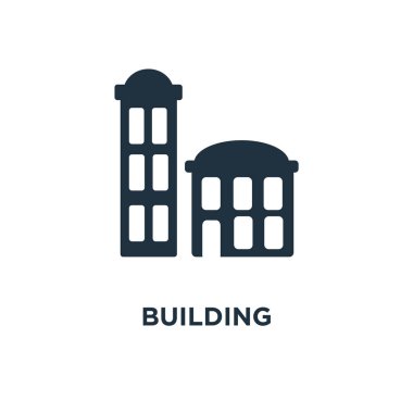 Bina simgesi. Siyah vektör çizim dolu. Beyaz arka planda Bina sembolü. Web ve mobil kullanılabilir.