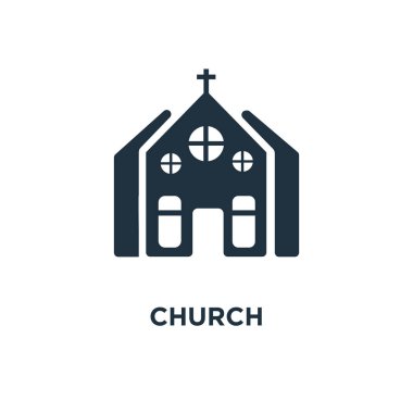 Kilise kutsal kişilerin resmi. Siyah vektör çizim dolu. Beyaz arka planlı kilise sembolü. Web ve mobil kullanılabilir.