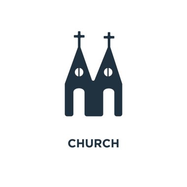 Kilise kutsal kişilerin resmi. Siyah vektör çizim dolu. Beyaz arka planlı kilise sembolü. Web ve mobil kullanılabilir.