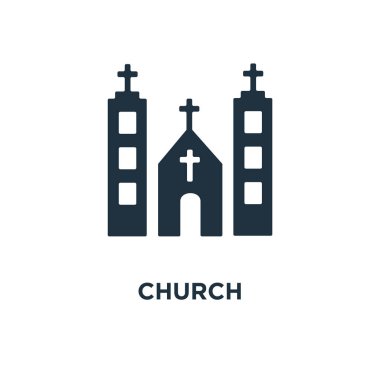 Kilise kutsal kişilerin resmi. Siyah vektör çizim dolu. Beyaz arka planlı kilise sembolü. Web ve mobil kullanılabilir.