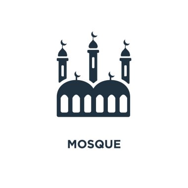 Cami simgesi. Siyah vektör çizim dolu. Beyaz arka plan Camii sembolü. Web ve mobil kullanılabilir.