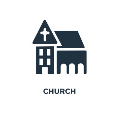 Kilise kutsal kişilerin resmi. Siyah vektör çizim dolu. Beyaz arka planlı kilise sembolü. Web ve mobil kullanılabilir.