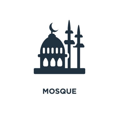 Cami simgesi. Siyah vektör çizim dolu. Beyaz arka plan Camii sembolü. Web ve mobil kullanılabilir.
