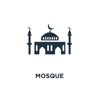 Cami simgesi. Siyah vektör çizim dolu. Beyaz arka plan Camii sembolü. Web ve mobil kullanılabilir.