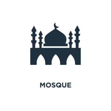 Cami simgesi. Siyah vektör çizim dolu. Beyaz arka plan Camii sembolü. Web ve mobil kullanılabilir.