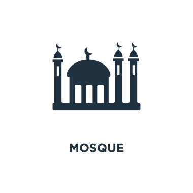 Cami simgesi. Siyah vektör çizim dolu. Beyaz arka plan Camii sembolü. Web ve mobil kullanılabilir.