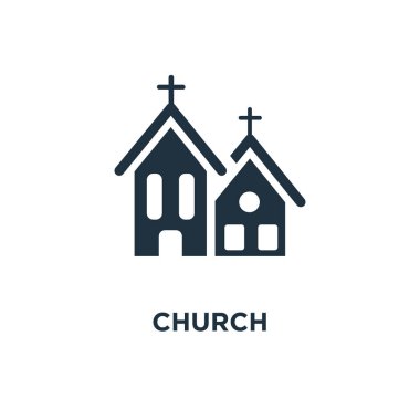 Kilise kutsal kişilerin resmi. Siyah vektör çizim dolu. Beyaz arka planlı kilise sembolü. Web ve mobil kullanılabilir.