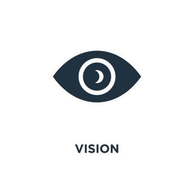 Vizyon simgesi. Siyah vektör çizim dolu. Beyaz arka plan vizyon sembolü. Web ve mobil kullanılabilir.