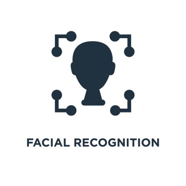 Yüz tanıma simgesi. Siyah vektör çizim dolu. Beyaz arka plan yüz tanıma sembolü. Web ve mobil kullanılabilir.