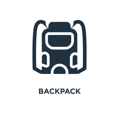 Sırt çantası simgesi. Siyah vektör çizim dolu. Beyaz arka plan sırt çantası sembolü. Web ve mobil kullanılabilir.