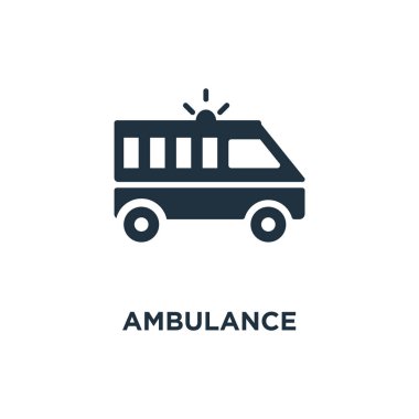 Ambulans simgesi. Siyah vektör çizim dolu. Beyaz arka plan ambulans sembolü. Web ve mobil kullanılabilir.