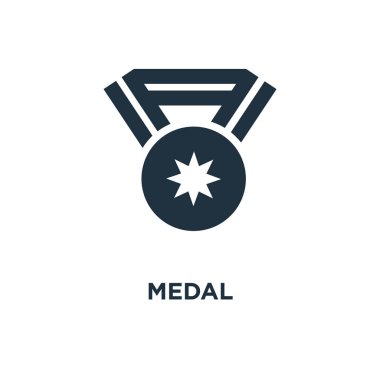 Madalya simgesi. Siyah vektör çizim dolu. Beyaz arka plan üzerinde madalya sembolü. Web ve mobil kullanılabilir.