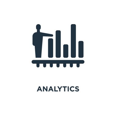 Analytics simgesi. Siyah vektör çizim dolu. Beyaz arka plan Analytics sembolü. Web ve mobil kullanılabilir.