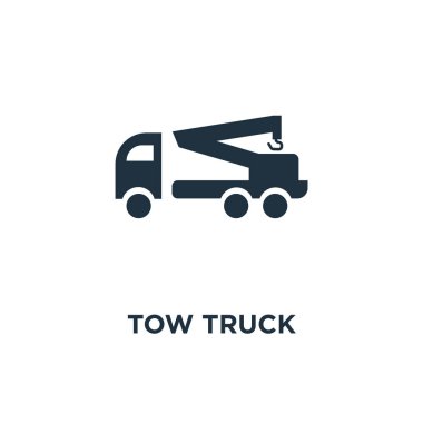 Çekici kamyon simgesi. Siyah vektör çizim dolu. Beyaz arka plan çekici kamyon sembolü. Web ve mobil kullanılabilir.