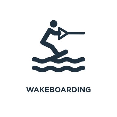 Wakeboarding simgesi. Siyah vektör çizim dolu. Beyaz arka plan Wakeboarding sembolü. Web ve mobil kullanılabilir.
