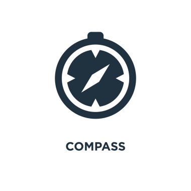 Pusula simgesini. Siyah vektör çizim dolu. Beyaz arka plan sembolü pusula. Web ve mobil kullanılabilir.