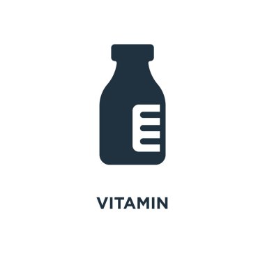 Vitamini simgesi. Siyah vektör çizim dolu. Beyaz arka plan vitamini sembolü. Web ve mobil kullanılabilir.
