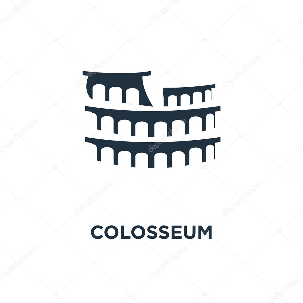 Colosseum icon. Black filled vector illustration. Colosseum symbol on white background. Can be used in web and mobile.
