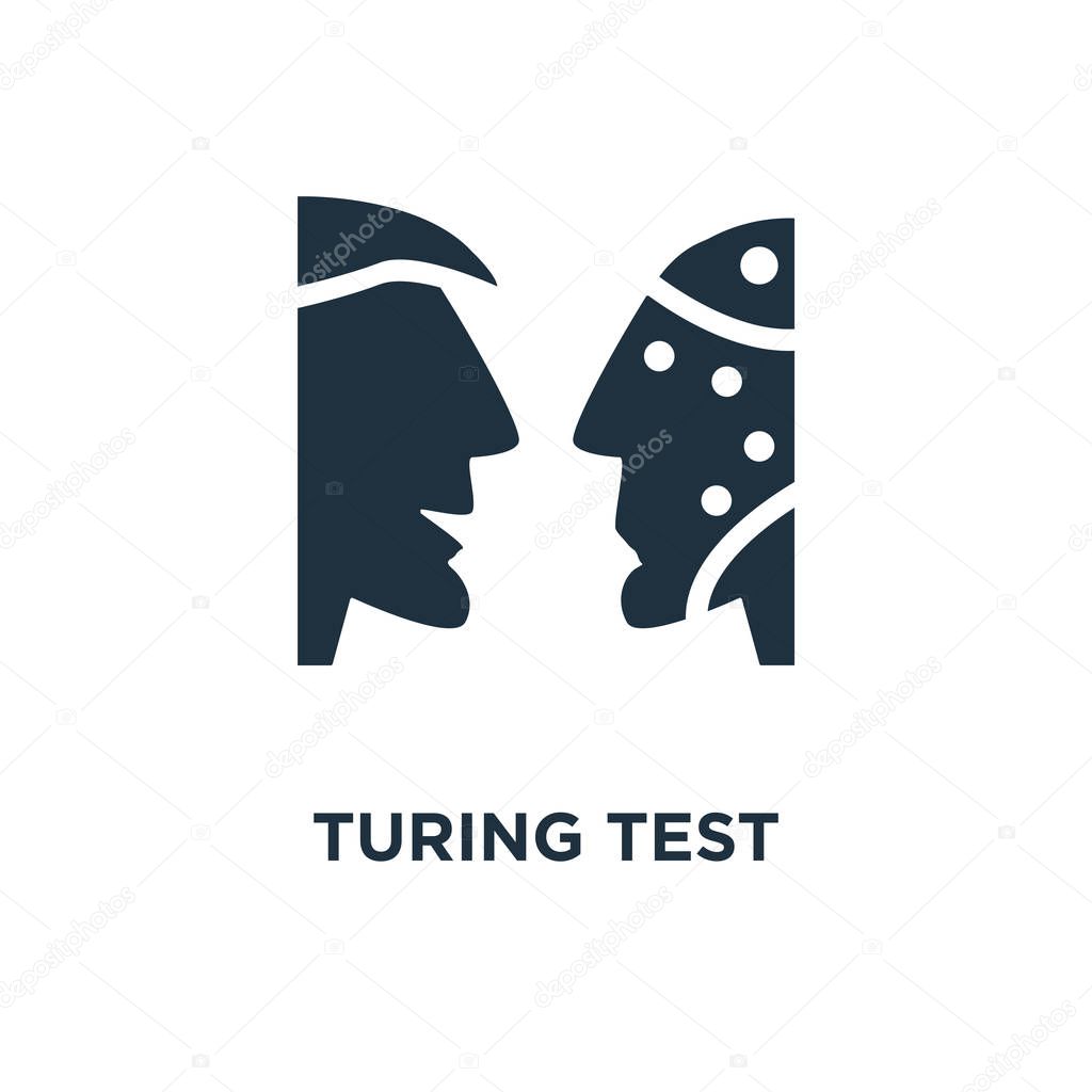 Turing test icon. Black filled vector illustration. Turing test symbol on white background. Can be used in web and mobile.