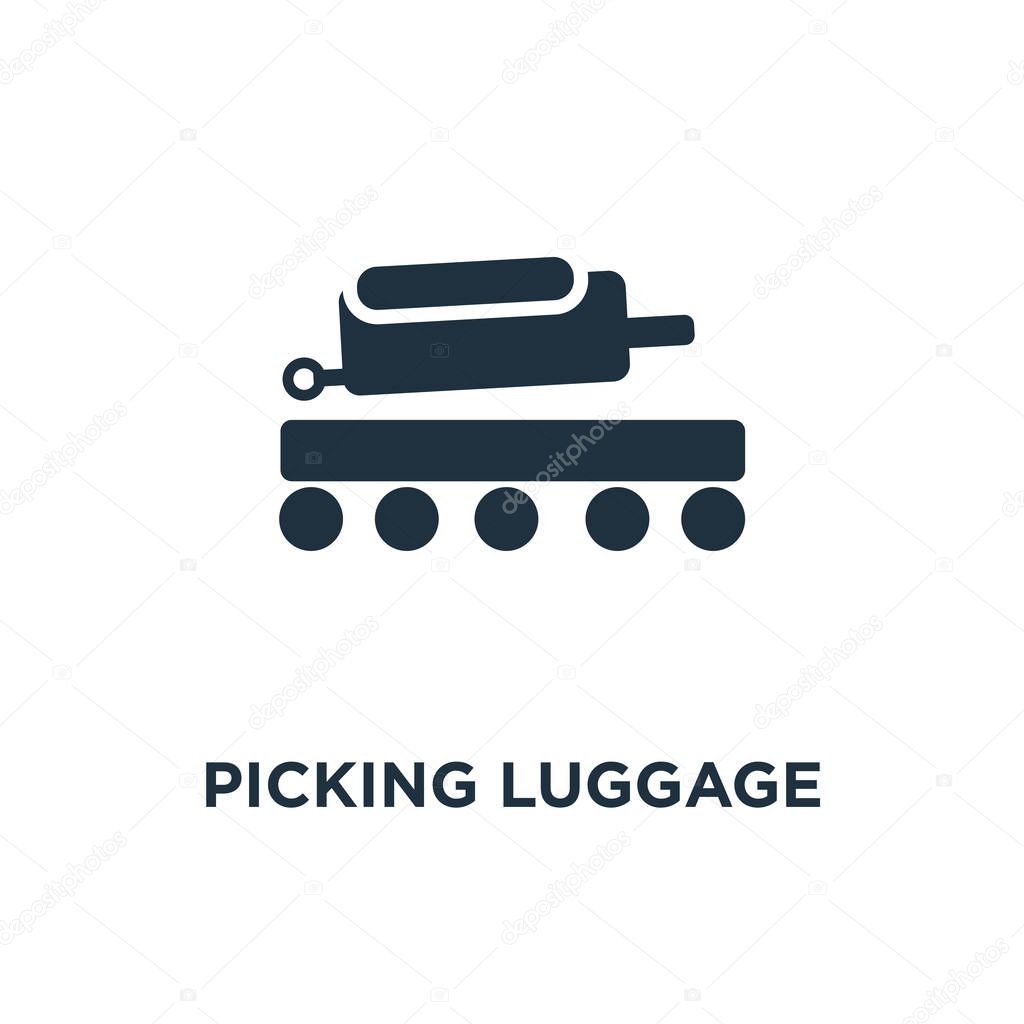 Picking Luggage icon. Black filled vector illustration. Picking Luggage symbol on white background. Can be used in web and mobile.