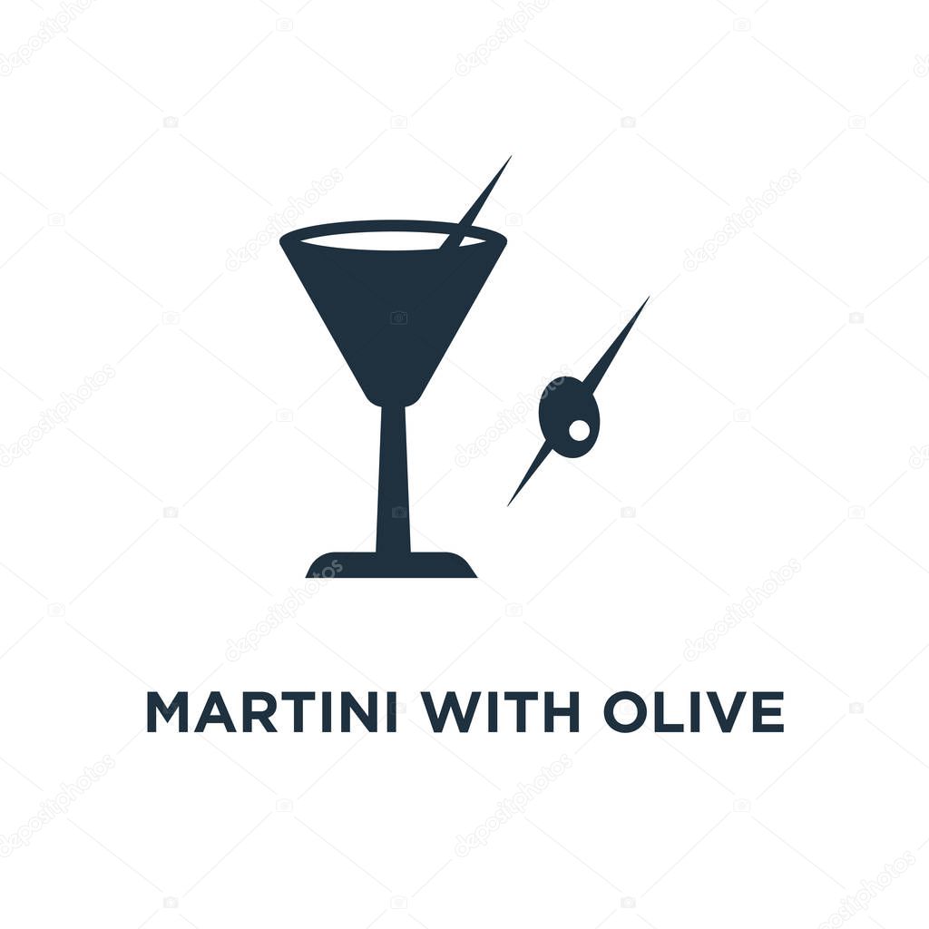 Martini with Olive icon. Black filled vector illustration. Martini with Olive symbol on white background. Can be used in web and mobile.